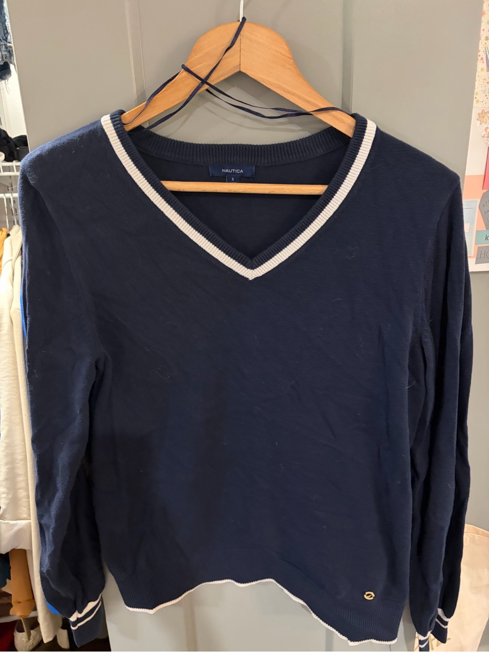 Nautica Men’s Navy V-Neck Sweater with White Trim